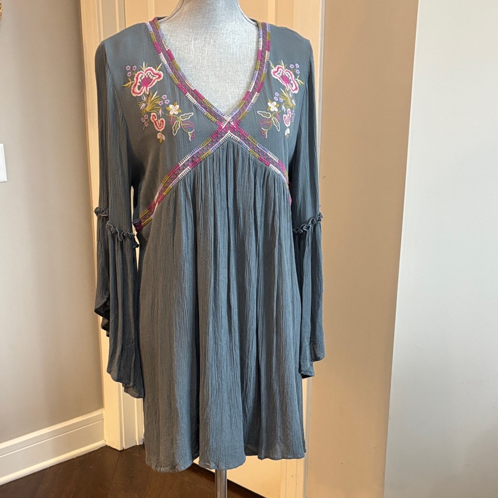 Umgee Boho Embroidered floral V-Neck Tunic Dress size L